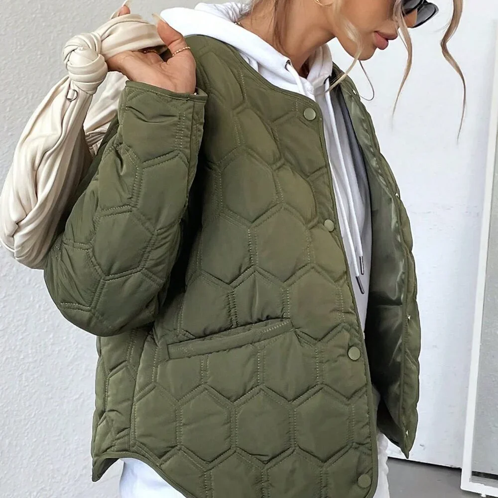 Army Green Casual Women's Geometric Insulated Coat Jacket